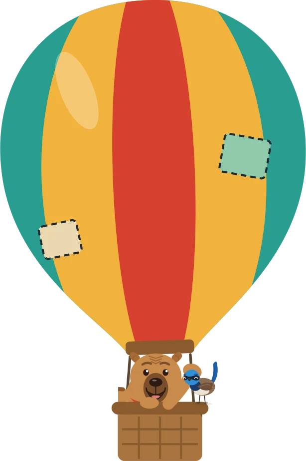 Victor and Echo waving from the basket of their striped hot-air balloon