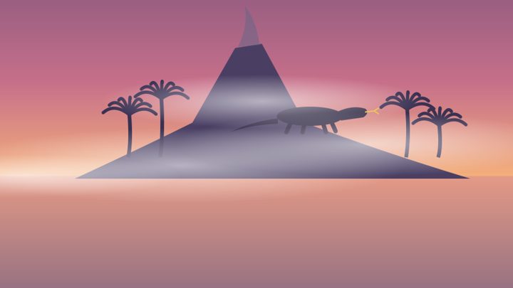 A misty island at dusk with a large lizard silhouette on the ridge
